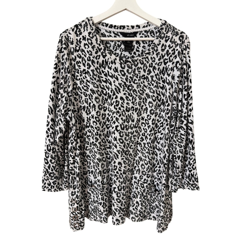 Ali Miles Women XL Leopard Print Tunic Top Black White 3/4 Sleeve Grommet Pocket